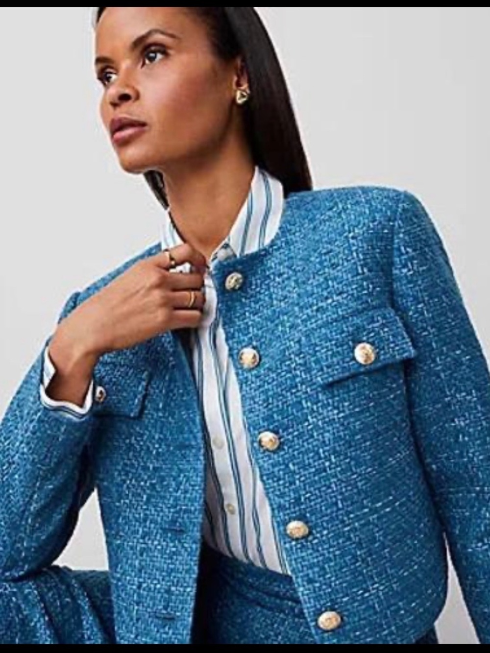 Ann Taylor Tweed Crew Neck Jacket in Balmy Blue